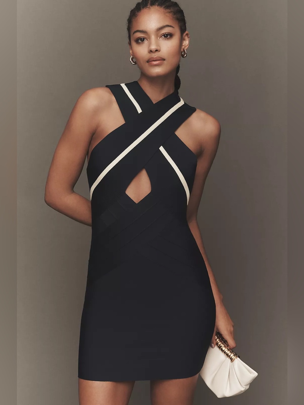 Black Mini Bodycon Dress with White Trim and Cross-Front Detail